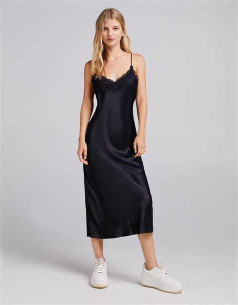 Bershka Satin Midi Dress With Lace Trim in Black | Lyst