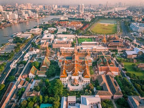 Aerial view of The Grand Palace with the Chao Phraya river in the background, Phra Nakhon ...