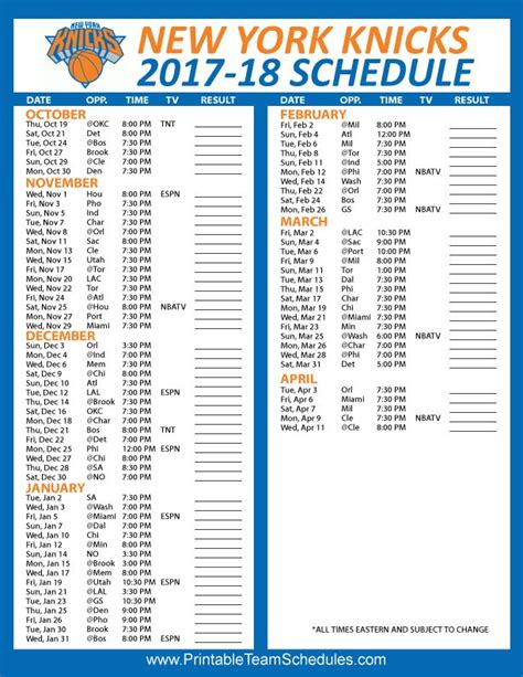 Ny Knicks Printable Schedule