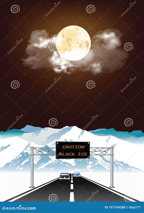 Black Ice Warning Sign at Night Stock Illustration - Illustration of ...