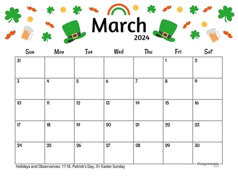 St. Patrick's Day-themed March Calendar 2024 with US Holidays ...