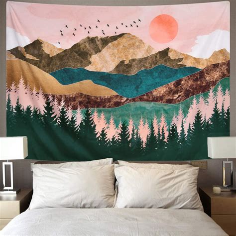 Mountain Sunset Bohemian Tapestry Wall Hanging, Tree Forest Nature Landscape Art Tapestries Boho ...