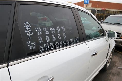 Family stickers on car window: 1 woman, 1 dog, 20 cats