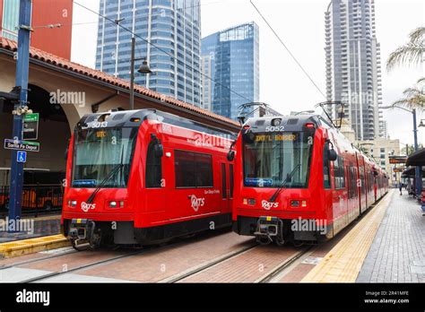 San Diego Trolley Tram light rail transit at Santa Fe Depot station in San Diego, USA Stock ...