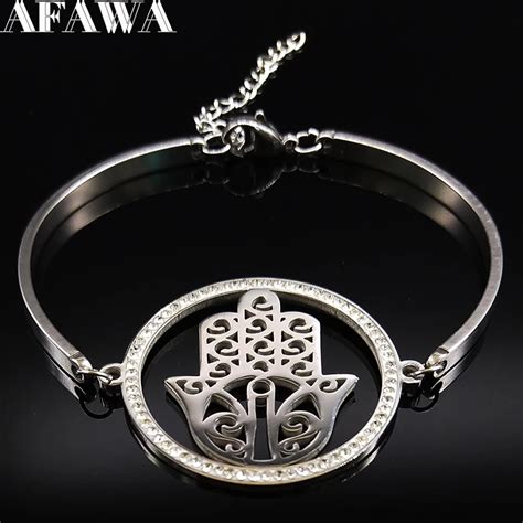 Hamsa Hand Crystal Stainless Steel Cuff Bracelets Women Silver Color Bracelet Jewelry bracelet ...