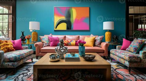 Furnished Modern Living room, bright blue and pink color palette ...