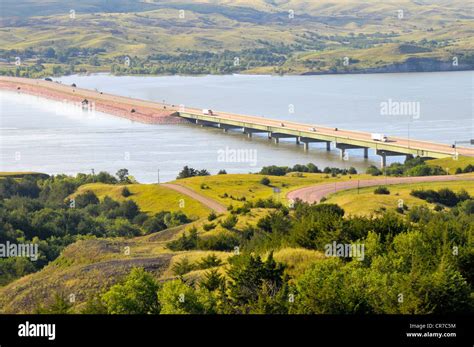 Historic bridge crossing the Missouri River in South Dakota on Lewis and Clark trail on ...