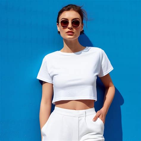 Premium Photo | Minimalist Vibes Model Flaunts Short Cropped Tee and White Sweats