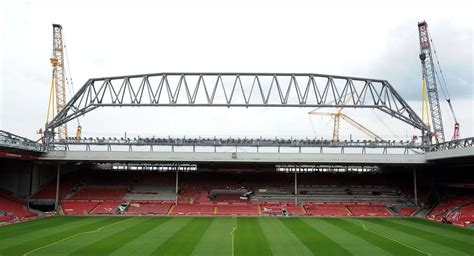 650 tonne Main Stand roof truss hoisted into place at Anfield Stadium ...