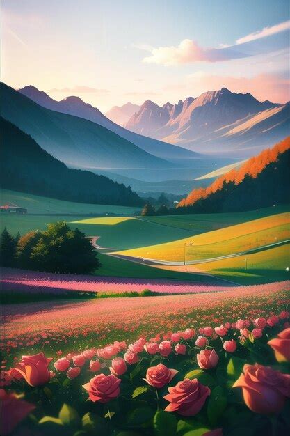 Premium AI Image | A painting of tulips in a field with mountains in ...