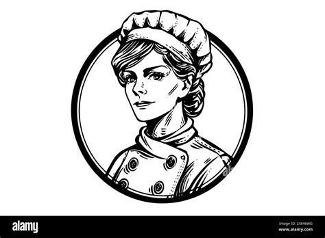 Woman chef ink sketch in engraving style. Drawing young female vector ...