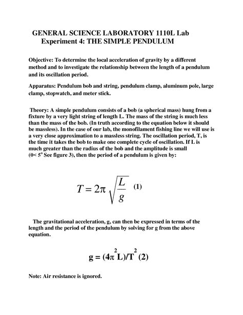 Experiment 4: Simple Pendulum Lab | Lab Reports Physics | Docsity