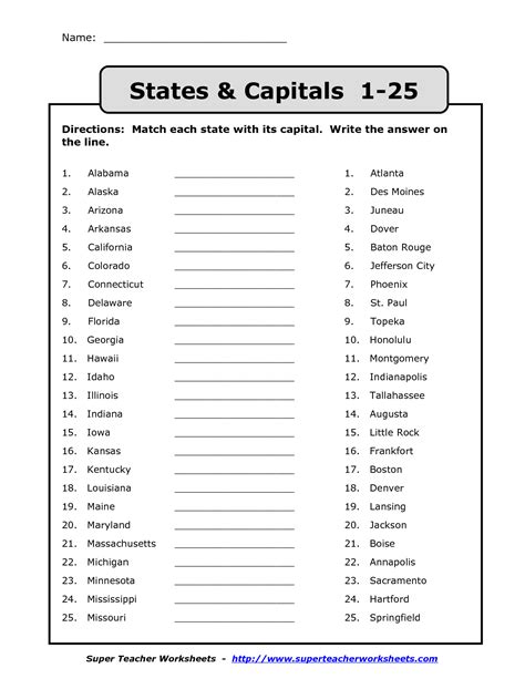 State And Capital Worksheets