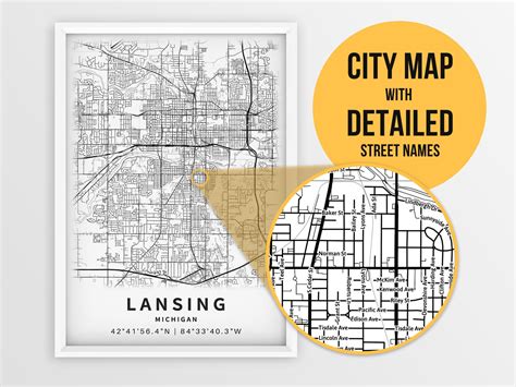 Printable Map of Lansing MI with Street Names Michigan USA | Etsy