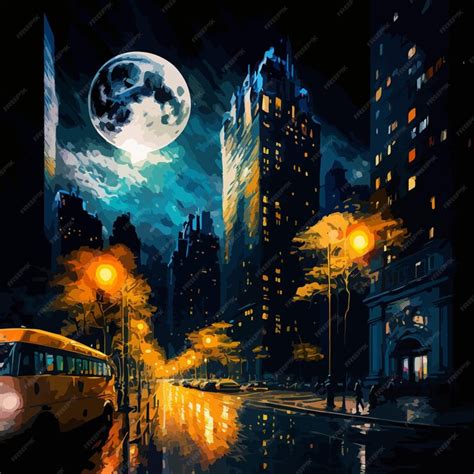 Premium Vector | Nighttime cityscape a painting of a city street at night with moon bus and ...