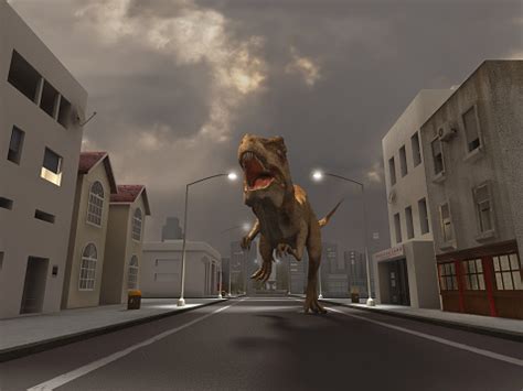 Tyrannosaurus Rex Running Down The Street Stock Photo - Download Image Now - iStock