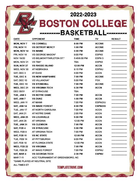 Printable 2022-2023 Boston College Eagles Basketball Schedule