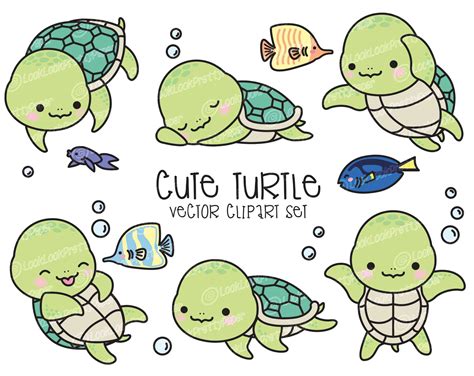 Premium Vector Clipart Kawaii Turtle Cute Turtle Clipart | Etsy