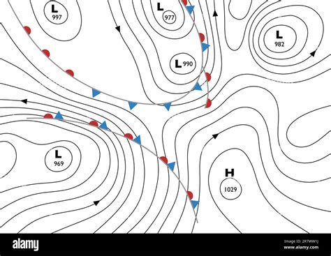 Editable vector illustration of a generic weather map showing isobars and weather fronts Stock ...