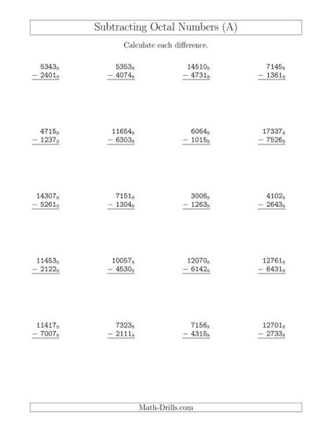 Subtracting Octal Numbers (Base 8) (A) Subtraction Worksheet