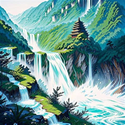 Premium AI Image | A painting of a waterfall with a chinese style tower ...