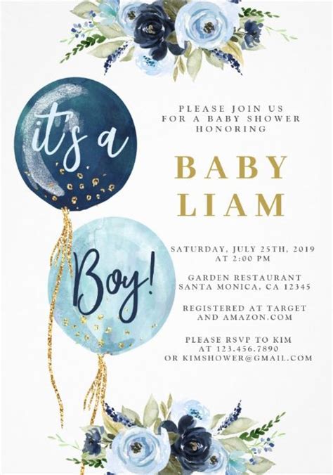 Boy Baby Shower Invitations with Blue Balloons | Blue baby shower invitations, Baby shower ...