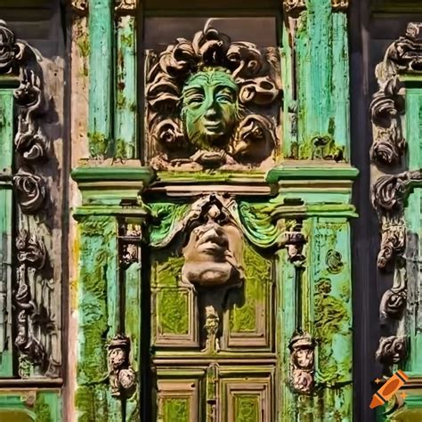 Intricate sun face engraving on a moss-covered baroque door in havana