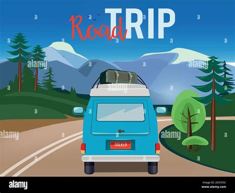 Road trip. Moving car on the road summer landscape background countryside adventure vector ...