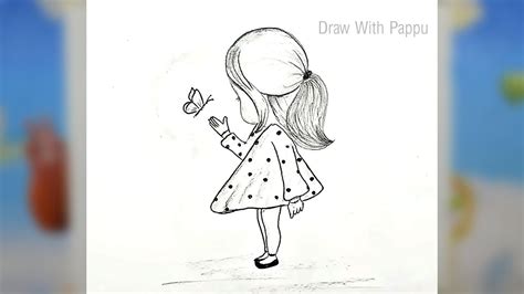 Cute Girl Sketch Drawing | Simple Girl Playing With Butterfly | Pencil ...