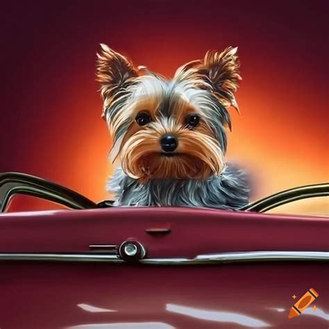 Yorkshire terrier sitting in a vintage car