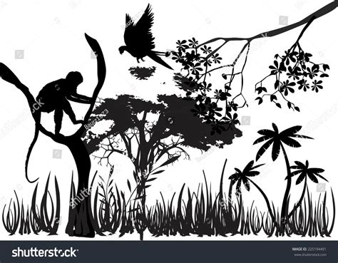 Langur Monkey On Tree Branch In Jungle Silhouette Stock Vector ...