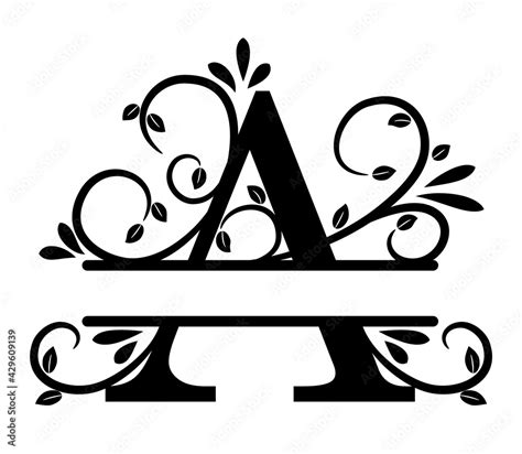 Split letter A monogram. Elegant letter A with curls and leaves. Split letter, place to insert ...