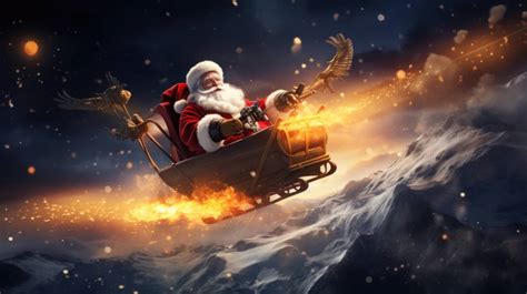 A desktop wallpaper of Santa flying his sleigh