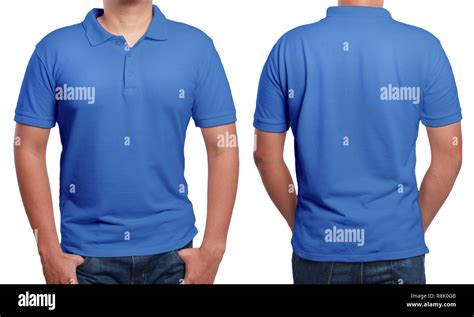 Blue polo t-shirt mock up, front and back view, isolated. Male model wear plain blue shirt ...