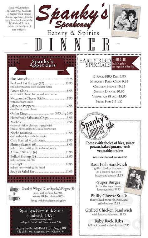 Spanky's Speakeasy menu in Naples, Florida, USA