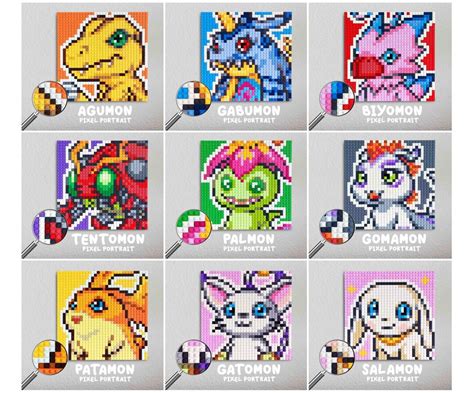 Digimon Starters / Digimo Pixel Art Portraits 10x10 / Pixel Puzzle / Wall Portrait Decor / Gifts ...