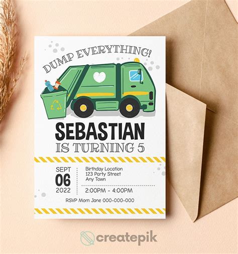 Garbage Truck Party Invite, Garbage Truck Birthday Invite, Trash Truck ...