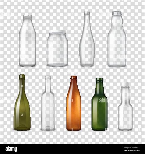 Empty different shapes and colors glass bottles for various applications transparent set ...