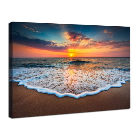 Sunset Beach Canvas Wall Art Ocean Waves Landscape Wall Decor Hawaii Coastal Beach Sunset ...