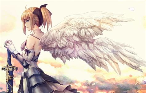 Wallpaper girl, sword, weapon, anime, wings, feathers, purple eyes, angel, warrior, anime girl ...