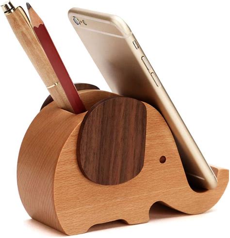 HyFanStr Elephant Shape Phone Holder Wooden Pen Pencil Holder Cute, Mini Delicate Wood Moile ...