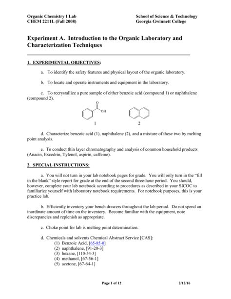 Experiment A. Introduction to the Organic Laboratory