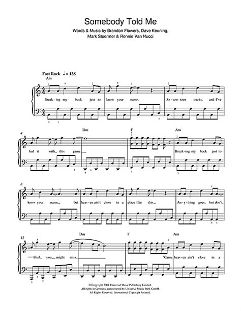 Somebody Told Me sheet music by The Killers (Beginner Piano – 40321)