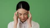 Portrait Of Beautiful Asian Woman At Green Screen Background Closeup Woman Face Feeling Stress ...