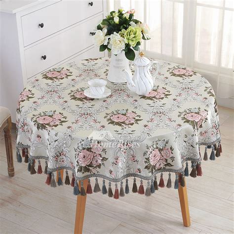 Flower Tablecloth Blue Dining Room Round Jacquard Polyester&Cotton