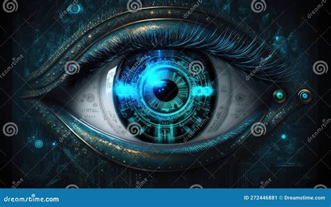 Cyan Cyberpunk Digital Eye with Blue Eyelashes. Scanning Technology ...