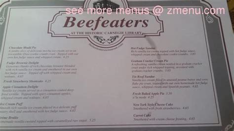 Online Menu of The Beefeaters Restaurant Restaurant, Bradford, Pennsylvania, 16701 - Zmenu