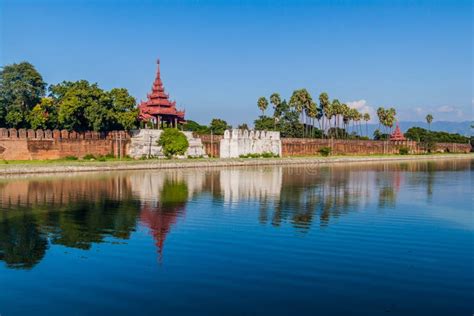 Moat, Bridge, Walls and Towers of Mandalay Fortress, Myanm Stock Image ...