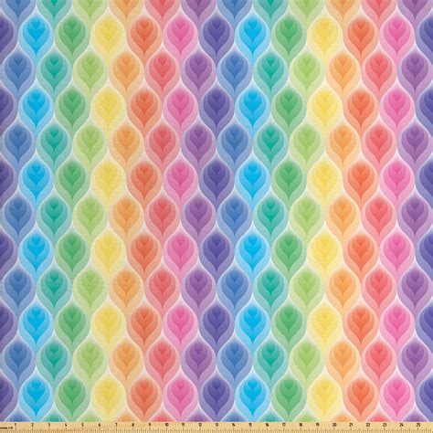 Geometric Fabric by The Yard, Rainbow Colored Ornamental Vintage Floral Arrangement Leaf Pattern ...