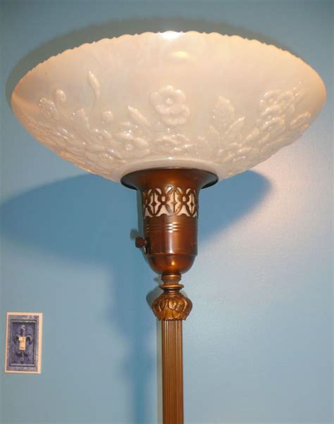 Antique Art Deco Torchiere Floor Lamp w/Vintage Iridescent Embossed Glass Shade | Antique floor ...